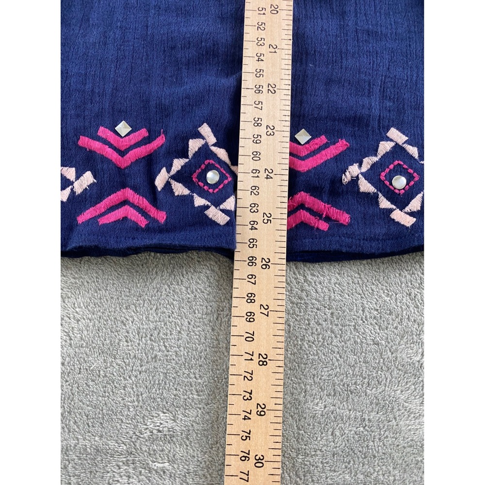 New Directions Navy Blue Embroidered Studded Peasant Blouse Top Womens Large L - Picture 10 of 13